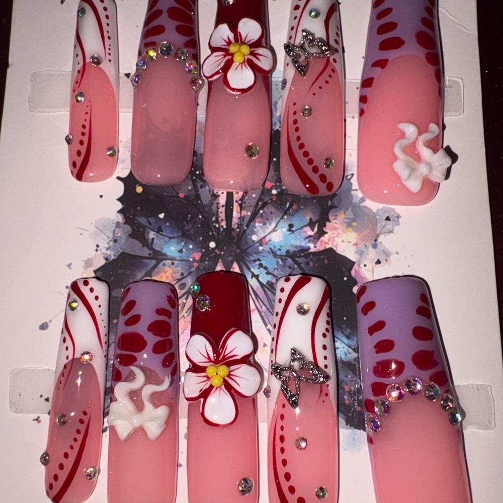 Red and Pink Floral Nail Set